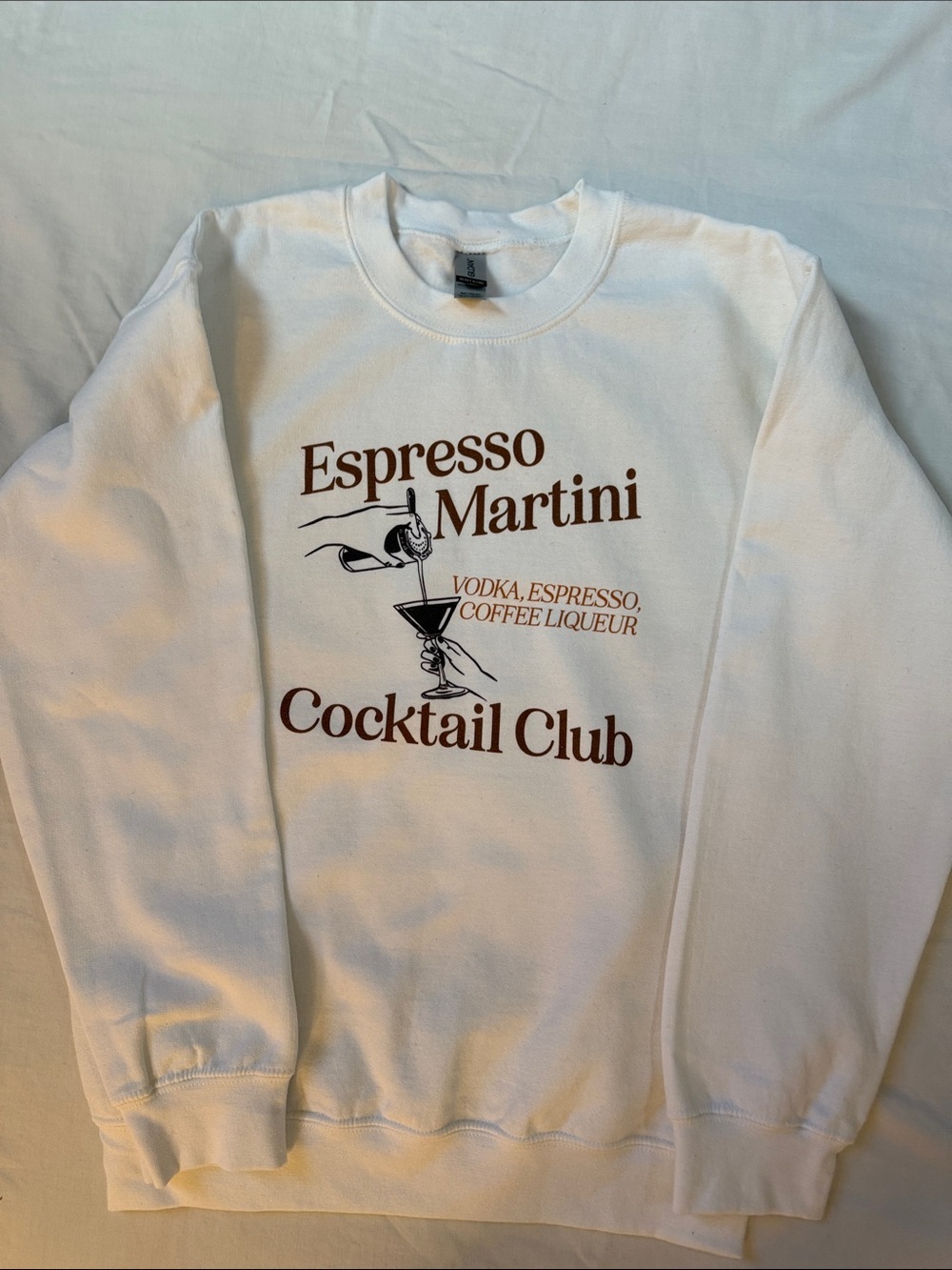 Gildan White Crewneck Sweatshirt with Brown Espresso Martini Graphic
